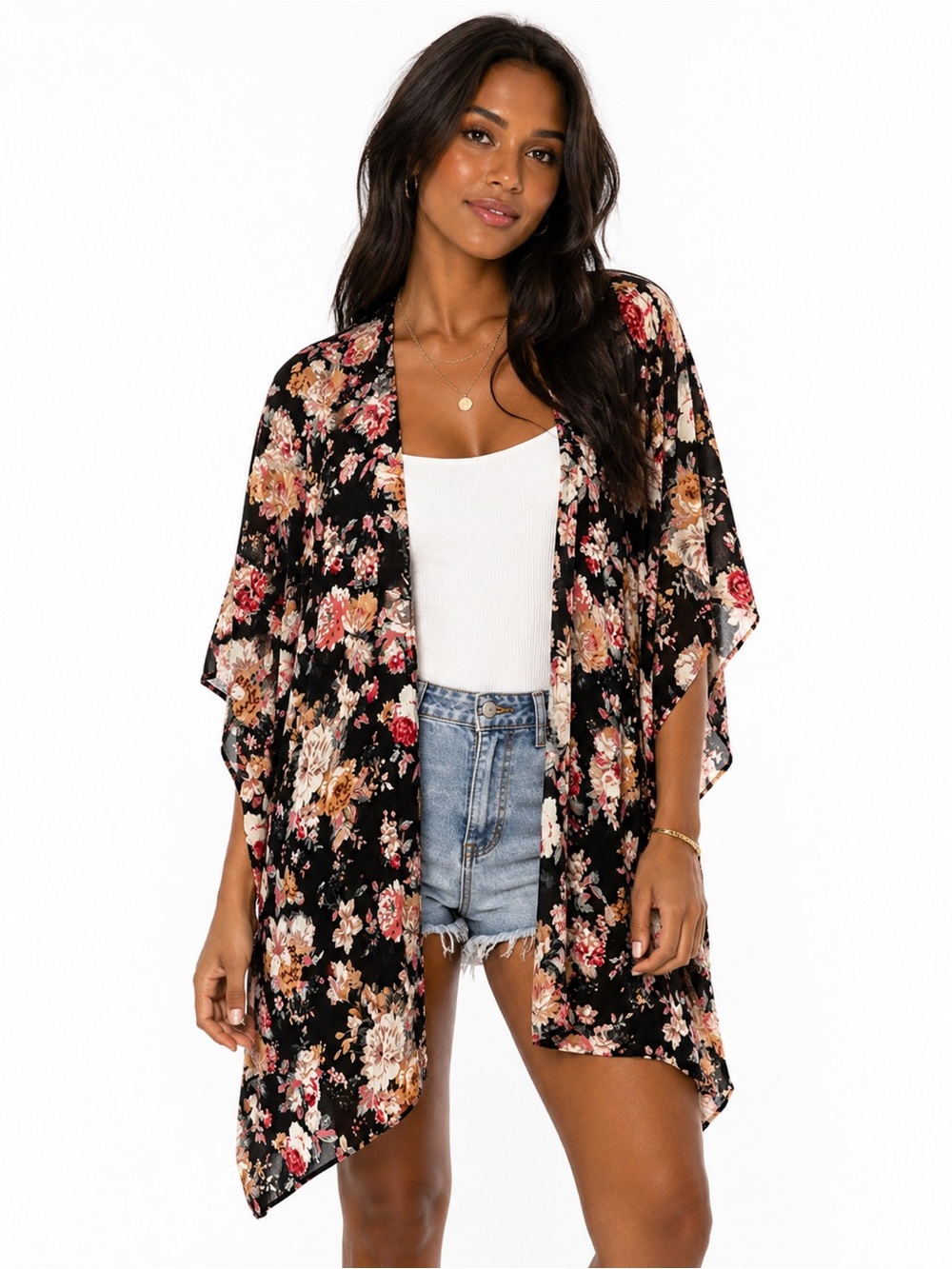 B Young, Black Floral Kimono – Boho Layering Piece or Cover Up (O/S)